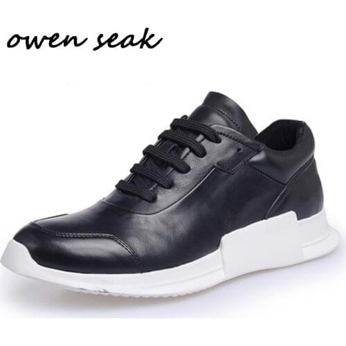 Owen Seak Men Casual Shoes Luxury Trainers Cow Genuine Leather Lace Up Sneakers Male Autumn Boots Brand Flats Black White Shoes