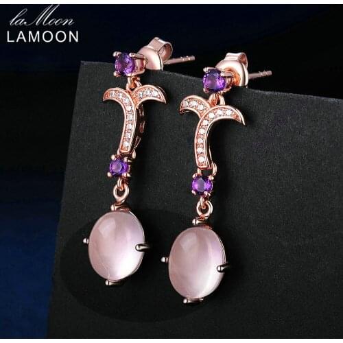LAMOON 7X9mm 100% Natural Oval Pink Rose Quartz 925 Sterling Silver Jewelry Drop Earrings S925 LMEI010
