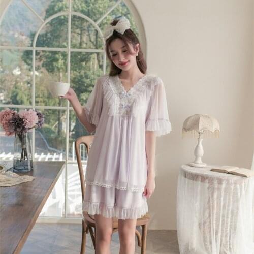Summer Sexy Shorts Pajamas Sets For Women Vintage Sleepwear Sweet Nightwear