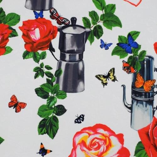 Fashion new digital painting rose coffee pot jacquard fabric for dress bazin riche getzner tecido tissus au metre vestido tela