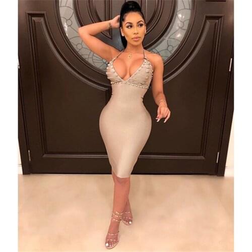 Fashion Celebrity Strap Sleeveless V-Neck Beading Rayon Bandage Women Dress Sexy Night Party Dress