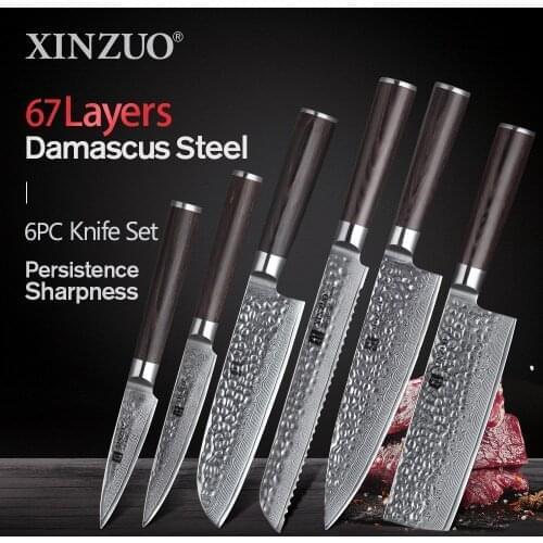 XINZUO 6 PCS Knife Set Damascus Steel Pakkawood Handle Kitchen Knife Set 67layer Chef Santoku Utility Paring Nakiri Bread Knife