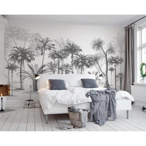 Beibehang Custom wallpaper mural black and white sketch tropical forest nordic coconut palm tv sofa background 3D wallpaper