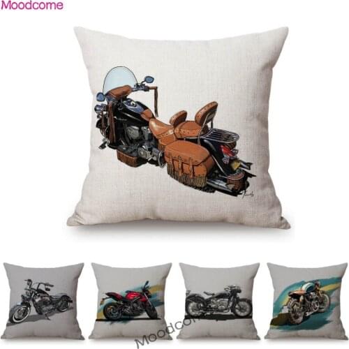 Hand Drawing Sketch Motorcycle Art Home Decorative Sofa Throw Pillow Case Classic Motor Bike Poster Cotton Linen Cushion Cover
