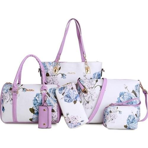 Fashion New Luxury Six Pieces National Printing PU Leather Handbag Women Bags Set Composite Bags Shoulde Bag