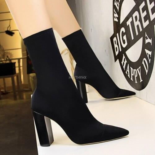 Casual Comfort Stretch Sock Boots Thick High Heel Femme Ankle Boots Fashion Pointed Toe Winter Women Boots Chelsea Boots