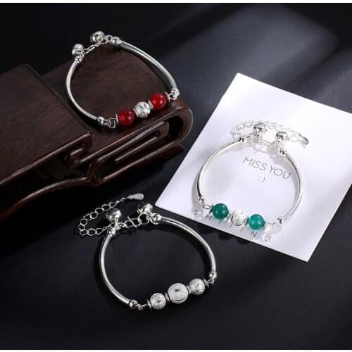 Simple Sweet Style Three Beads Charms Green Red White Alloy Small Silver Plated Bell Bracelets For Women