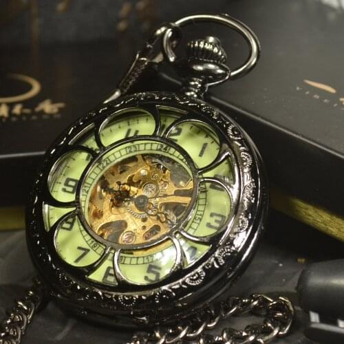 Luminous Mechanical Pocket Watch Steampunk Vintage Hollow Cover Analog Skeleton Hand Winding Mechanical Pocket Watch for Men