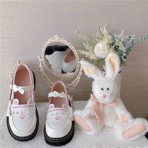 Apanzu Lolita Shoes Pink Sweet Bow Buckle Strap Mary Jane Shoes Women Japanese Cute Bunny Ears Decorate Cosplay Platform shoes