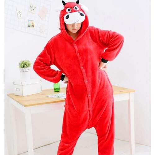 Adult Bull OX Kigurumi Women Men Cartoon Animal Cosplay Costume Winter Onesie Pajama Hooded Couple Funny Party Suit