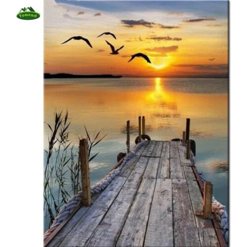 YUMEART Diy Diamond Painting Cross Stitch seagulls setting sun Diamond Embroidery Square Mosaic Decor natural landscape
