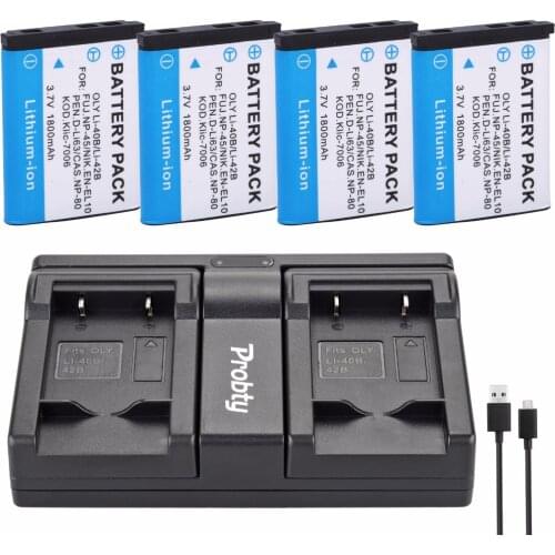 Probty 4pc LI-40B LI-42B Li 40B 42B Battery + USB Charger for Olympus Stylus 1040 1050W 1060 1070 1200 7000 7010 7020 7030 7040