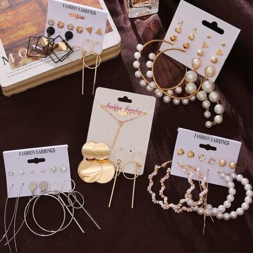 FNIO Womens Tassel Pearl Earrings For Women Bohemian Earrings Set Big Geometric Metal Gold Drop Earring 2020 Fashion Jewelry