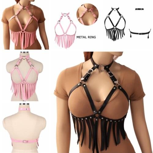 Goth Sexy Hanging Heart Buckle Chest Harness Comfortable Bra Erotic Lingerie Fetish Leather Tassel Belt Bdsm Bondage Sex Kit
