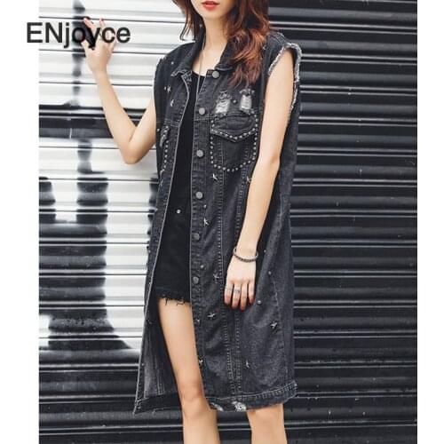 2021 Spring Summer Women Denim Vest Rivet Ripped Long Jean Waistcoat Cardigan Korean Style Sleeveless Casual Jacket Outerwear