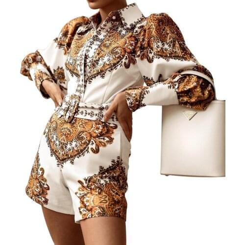 Womens Lapel Buttoned Long Sleeve Printed Shirt Top Shorts Jumpsuit