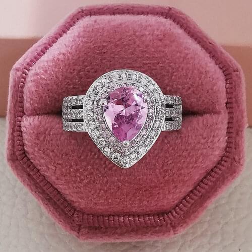 925 sterling silver pink water drop shape engagement ring for women lady finger brand party gift wholesale jewelry moonso r4997