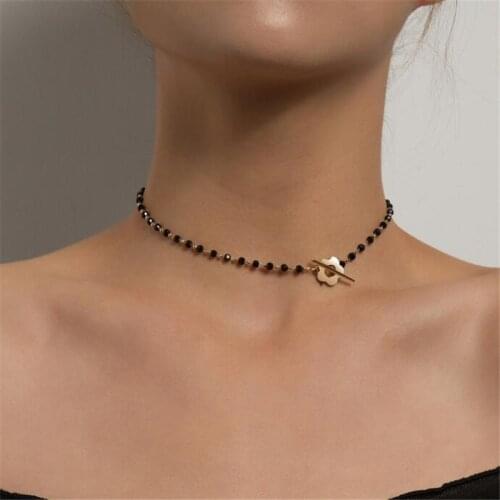 European And American Womens Clavicle Chain Necklace Black Beads Metal Flowers Choker Necklace For Women Glamour Female Jewelry