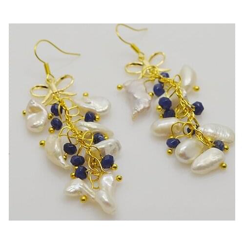 100% Natural Baroque Pearl Earring White Baroque Pearls BlueGem Beads s925 needle drop Earrings Jewelry for girl women Gift