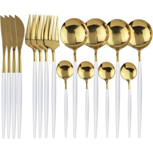 16Pcs White Gold Cutlery Set Knife Fork Coffee Spoon Dinnerware Set Stainless Steel Tableware Set Western Kitchen Silverware Set