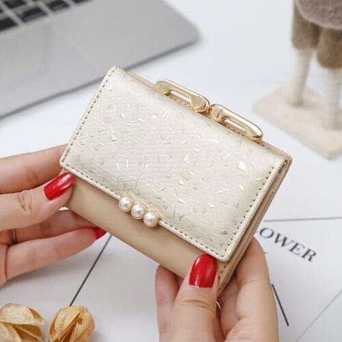 2020 Pearl Element Trifold Women Wallets Short Soft Leather Ladies Purse Clamp Designer Coin Pocket Card Holder Female Wallet