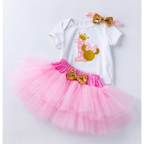 3pc Disney Baby Girl Clothes Squined Bow Hairband + Envelope Collar Minnie Mouse Print Short Sleeve Tops + Tutu Skirt Outfits