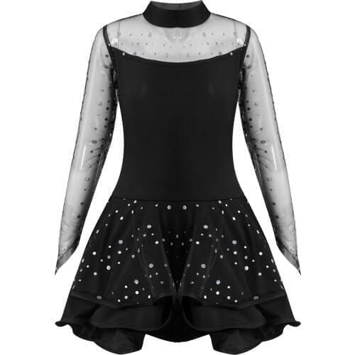 Long Sleeve Ballet Dancing Dress Kids Dance Wear Skating Dresses for Girls Sequins Ballerina Mesh Tutu Latin Dance Costumes