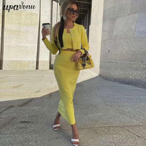 Free Shipping Elegant Yellow Sweater 3-piece Set Single-breasted Long Sleeve Cardigan Sweater & Camisole & Pencil Skirt Sets