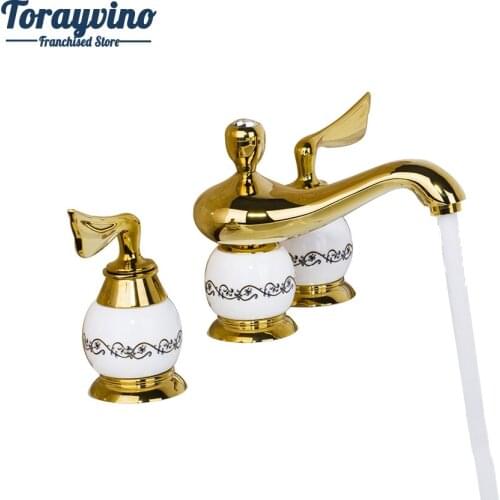 Bathroom Ceramic And Golden Basin Faucet 3 Pcs Delicate Dual Handle Deck Mounted Hot Cold Water Mixer Distinguished Basin Fauce