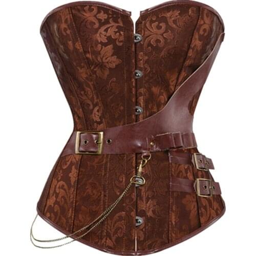Steampunk Corset Faux Leather Lingerie Burlesque Gothic Overbust Corsets Top Vintage Brown Plus Size S-6XL