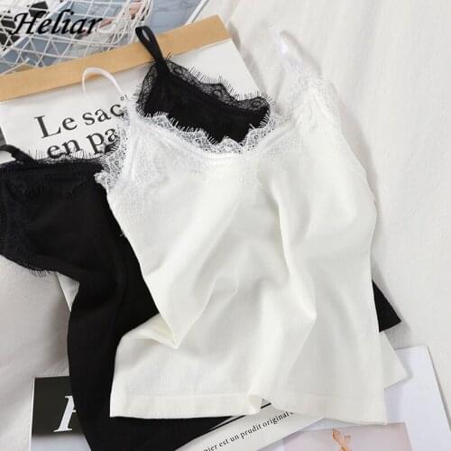 HELIAR Women Lace Knitted Laced Up Crop Tops With Adjustable Straps Camisole Top Underwear Knitted Sexy Crop Tops For Women