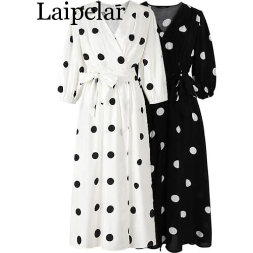 Laipelar black white polka dot dress v neck 3/4 sleeve maxi long dress summer casual chiffon sash