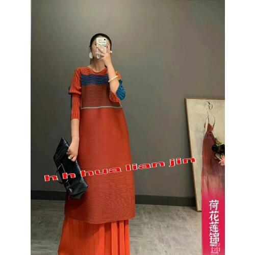 HOT SELLING Miyake Fold fashion stripe print o-neck three quarter Straight dress IN STOCK