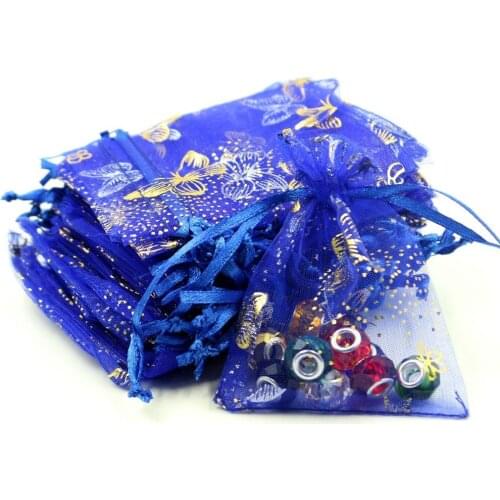 Jewelry Package With Butterfly Logo 9x12cm 50pcs/lot Dark Blue Organza Bags For Gift Packaging Tulle Wedding Favor Candy Pouches