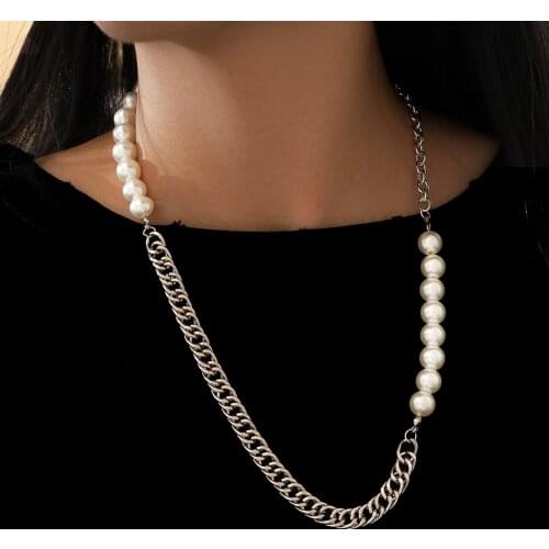 Metal Silver Color Punk Chain Pendant Pearl Necklace for Women Hip Pop Vintage Fashion Couple Men Male Jewelry Charms Cool Gift