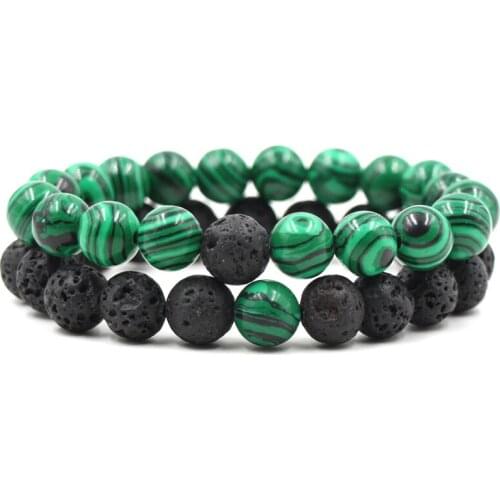 Set Natural Malachite Lava Hand Carved 10mm Round Bead Bracelet Fashion Boutique Jewelry Men and Womens Lovers Set Bracelet