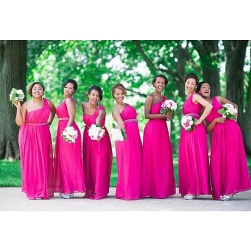 New fashion chiffon bridesmaid dresses 2015 Sexy one shoulder beaded sash high quality elegant charming rose red party gown
