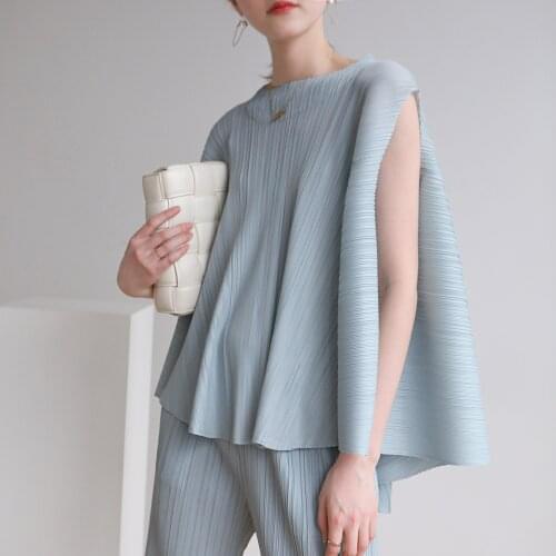 Authentic 2020 Summer Instagram-style pleated fat MM loose style Hepburn style sleeveless personality style retro T-shirt