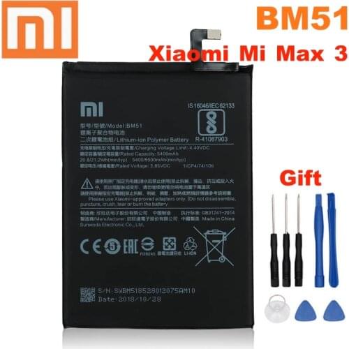 Original Replacement Battery For Xiaomi Mi Max3 Max 3 BM51 Genuine Phone Battery High Capacity 5500mAh+Tools