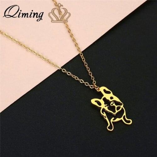 QIMING Stainless Steel French Bulldog Necklace Men Women Gold Silver Pet Lover Animal Dog Necklace Vintage Jewelry