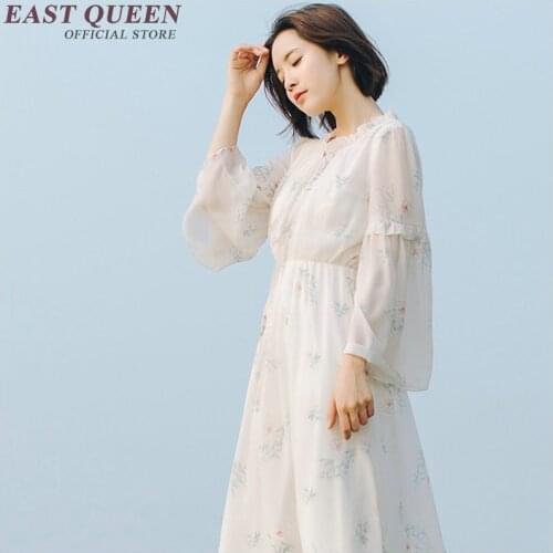 Dress women tunic flower print chiffon o-neck full flare sleeve dresses casual mid-calf fashion summer woman dressing ZZ23 L