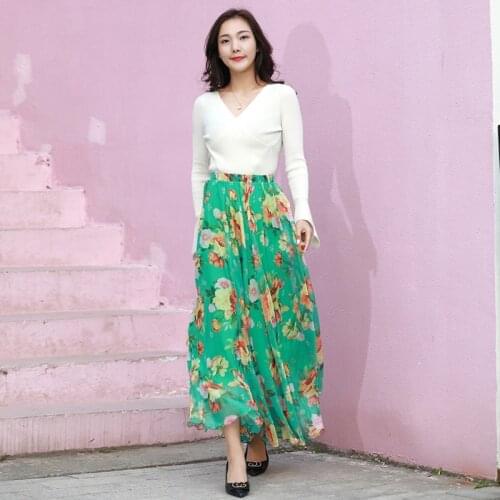 Floral Printed Long Skirts Womens Maxi Skirt Womens Plus Size High Waist Flowers Printed Flare Pleated Chiffon Skirt
