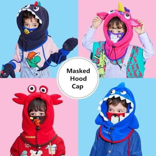 Cartoon 3D Masked Hat Boys Girls Winter Hat Children Warm Skullies Beanie Unique Design Masked Hood Cap For Kids 1-10 Years Old