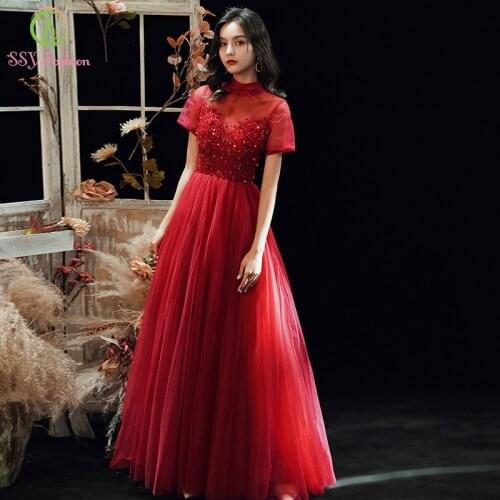 SSYFashion New Wine Red Evening Drerss Banquet Elegant High-neck Crystal Beading Formal Gown Special Occasion Dresses Vestidos