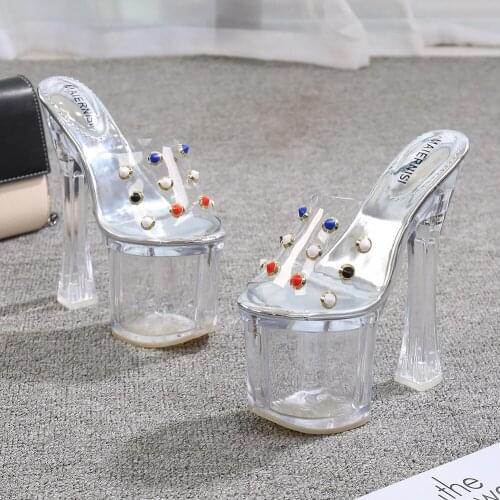 Wedding Women Pumps Fashion Color Diamond Open Toe Sandals 18 Cm Super High Heel Transparent PVC Crystal 8CM Platform High Heels