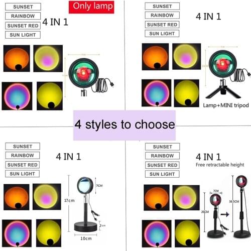 USB Sunset Lamp 4 in 1 Rainbow Projector Atmosphere Night Light Bedroom Photography Bar Coffee Background Wall Lamp Adjustable