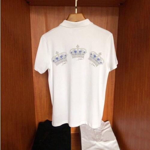 High-Quality Personality Handsome Crown Fashion Mens Loose Polo Shirt Hot Diamond Shiny Stage Short Sleeves