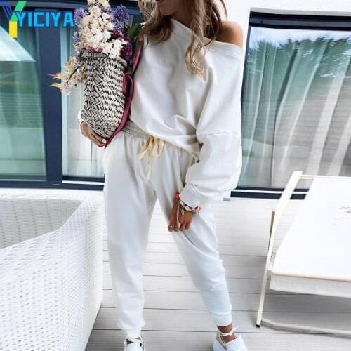 Women Solid Two Piece Suit Fashion Off Shoulder Long Sleeve Sweatshirt Top + Harem Pants Set Femme Outfits Streetwear Suits
