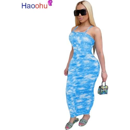 HAOOHU Women Tie Dye Sleeveless Spaghetti Strap Open Back Stacked Bodycon Midi Long Dress Beach Bohemian Long Party Dresses