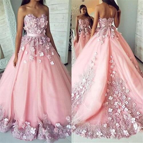 Sweet Girls Pink Prom Dress 2020 3d Flowers Strapless Sleeveless Tulle Elegant Evening Party Gowns Junior Formal Dress